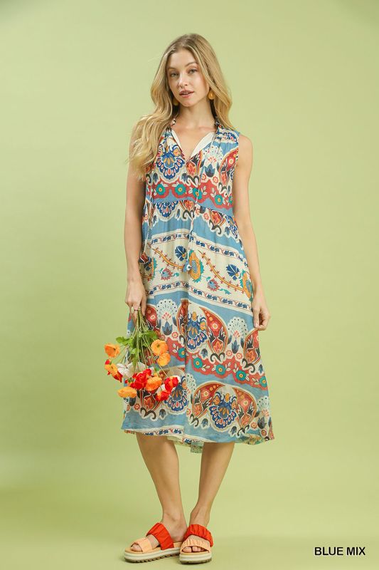 Boho Floral Sleeveless Midi Dress