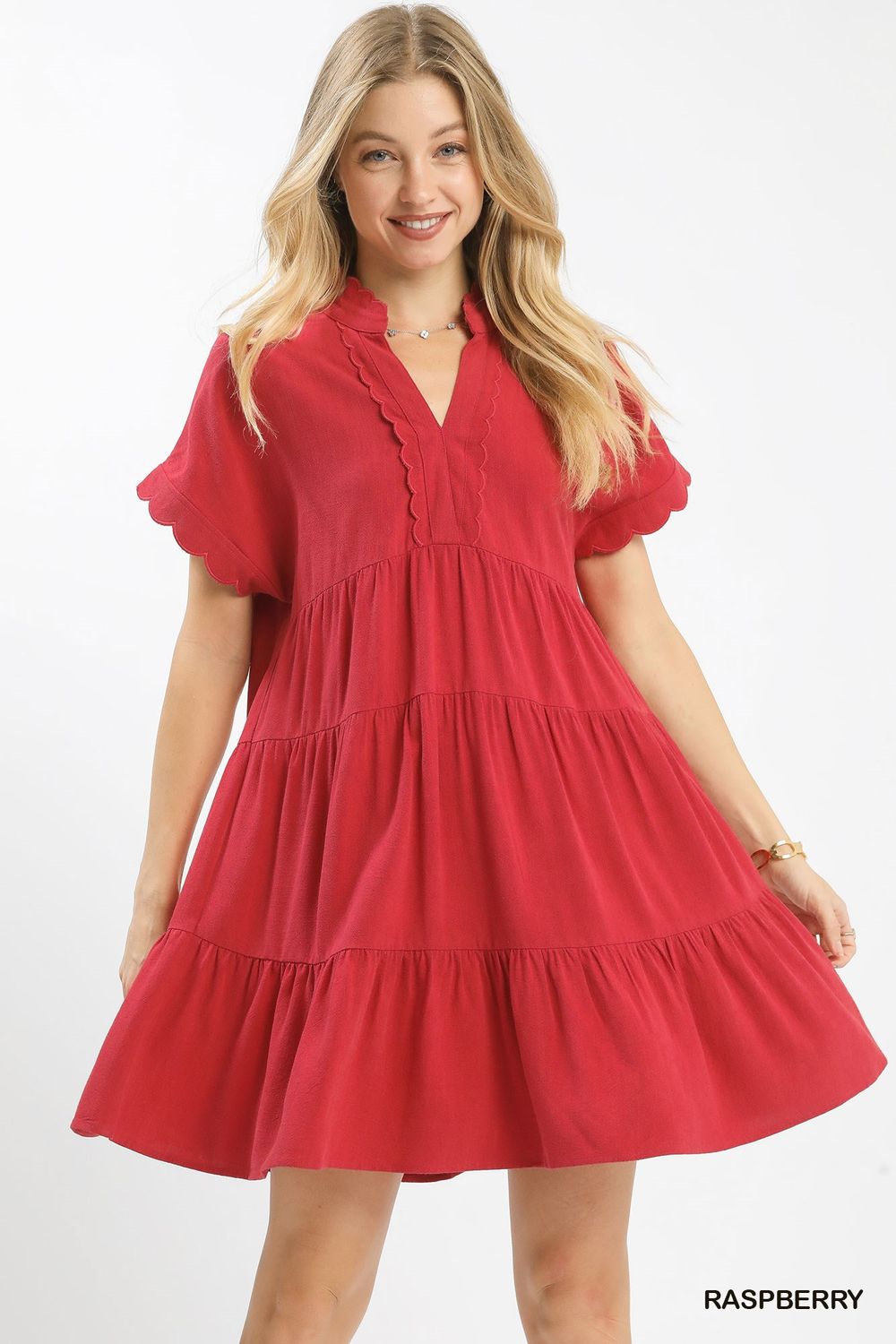 Linen Mini Dress Scalloped Sleeve - Raspberry