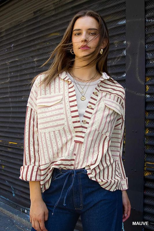 Striped Collared Eyelet Shirt