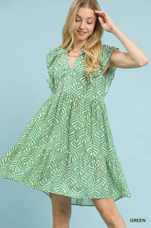 Leaf Print Tiered Mini Dress with Ruffle Sleeves - Green