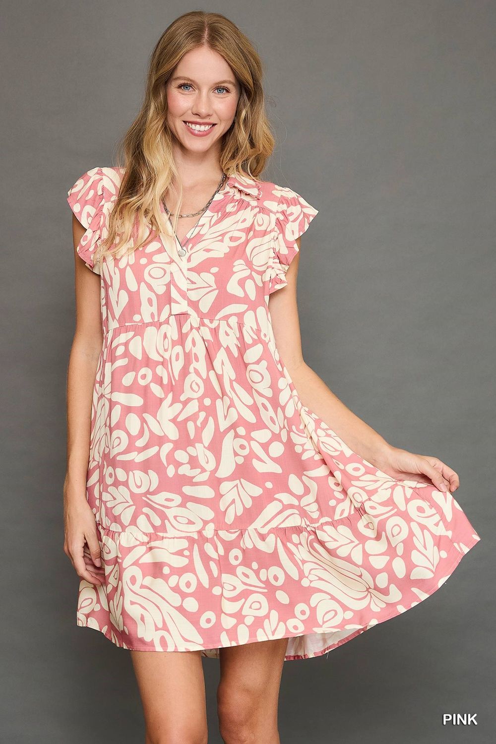 Two Tone Printed Mini Dress with Ruffled Sleeves