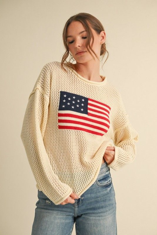 American Flag Crochet Knit Top, Color: Cream, Size: Small