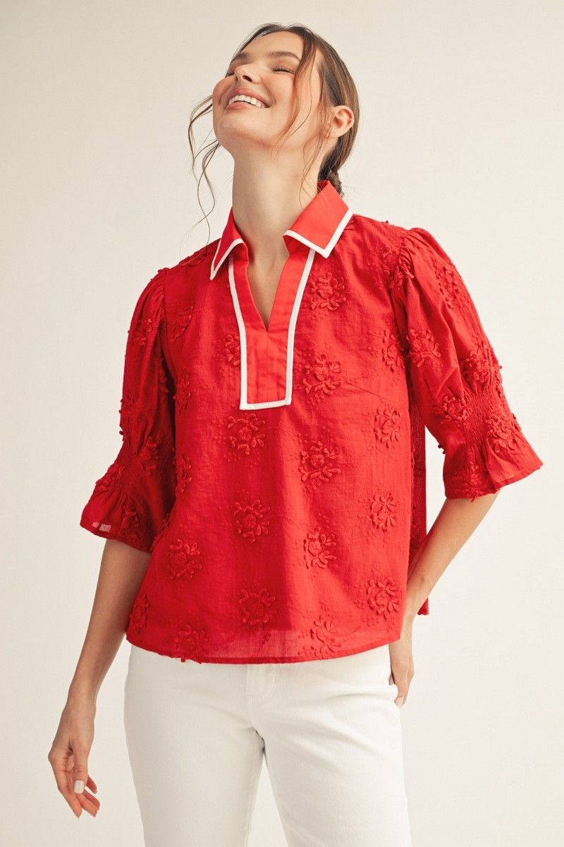 Lace Woven Top , Color: Red, Size: Small