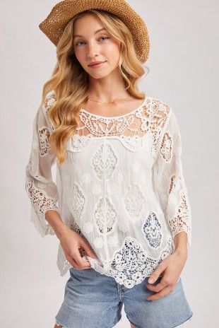 Boho Sheer Crochet 3/4 Sleeved Top