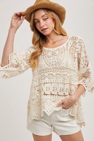 Boho Sheer Crochet 3/4 Sleeved Top, Color: Ivory, Size: Small