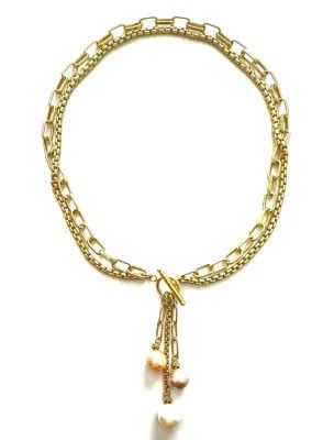 Triple Pearl Necklace w/3 Pearl Drop Gold