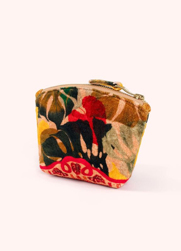 Printed Velvet Mini Pouch- Exotic Leaves
