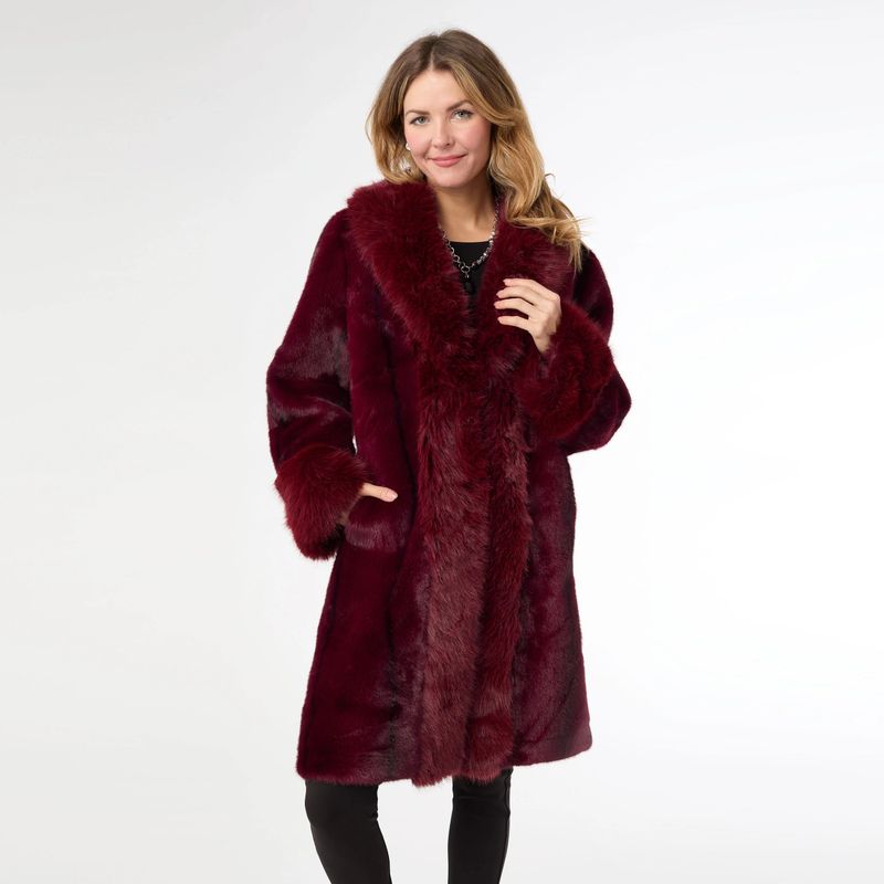 Evelyn Faux Fur Shawl Collar Coat Merlot