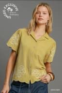 Linen Floral Embroidered Button-Up Top Avocado