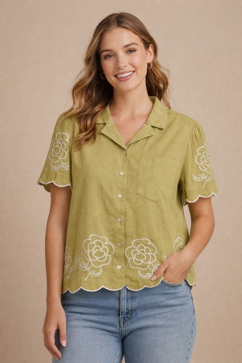 Linen Floral Embroidered Button-Up Top Avocado