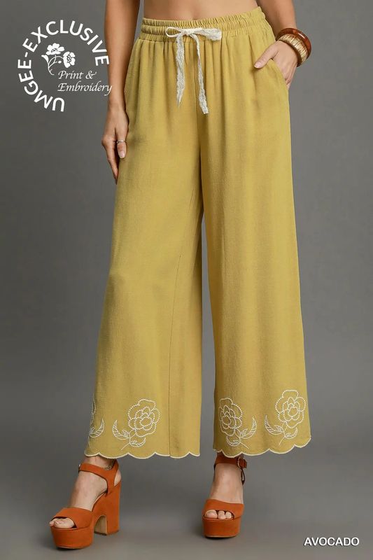 Linen Blend Wide Leg Pants with Scalloped Hemline Avocado
