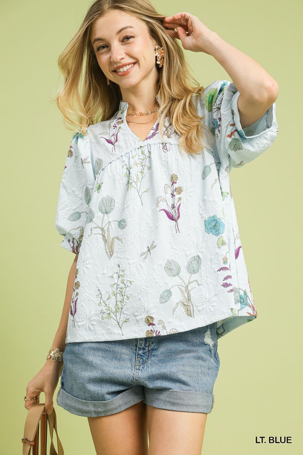 Jacquard Print Puff Sleeve Top Pale Blue