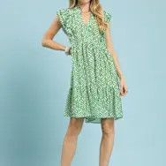 Leaf Print Mini Dress w/Ruffle Sleeves - 2 colors