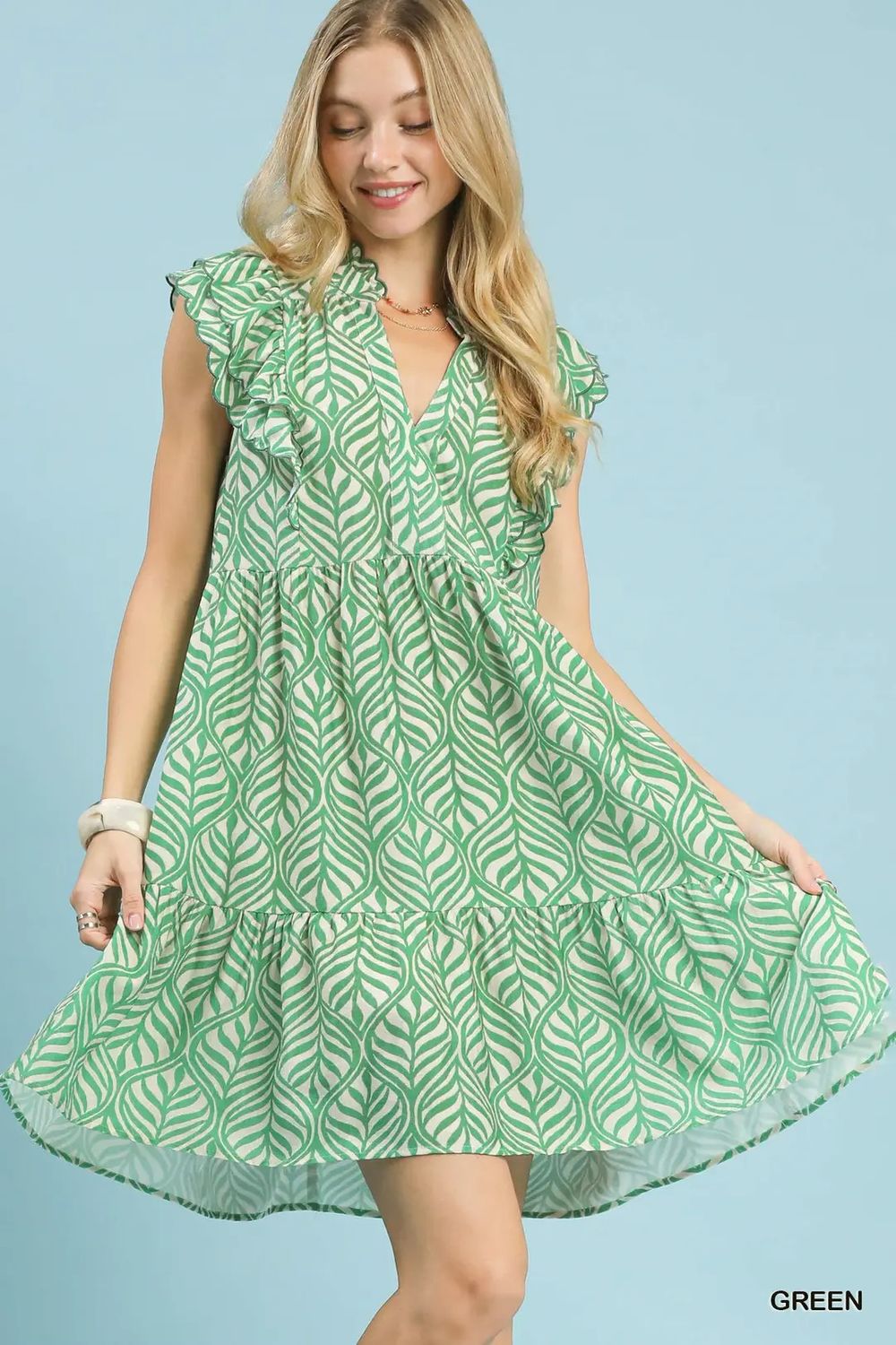 Leaf Print Mini Dress w/Ruffle Sleeves - 2 colors, Color: Green, Size: Small
