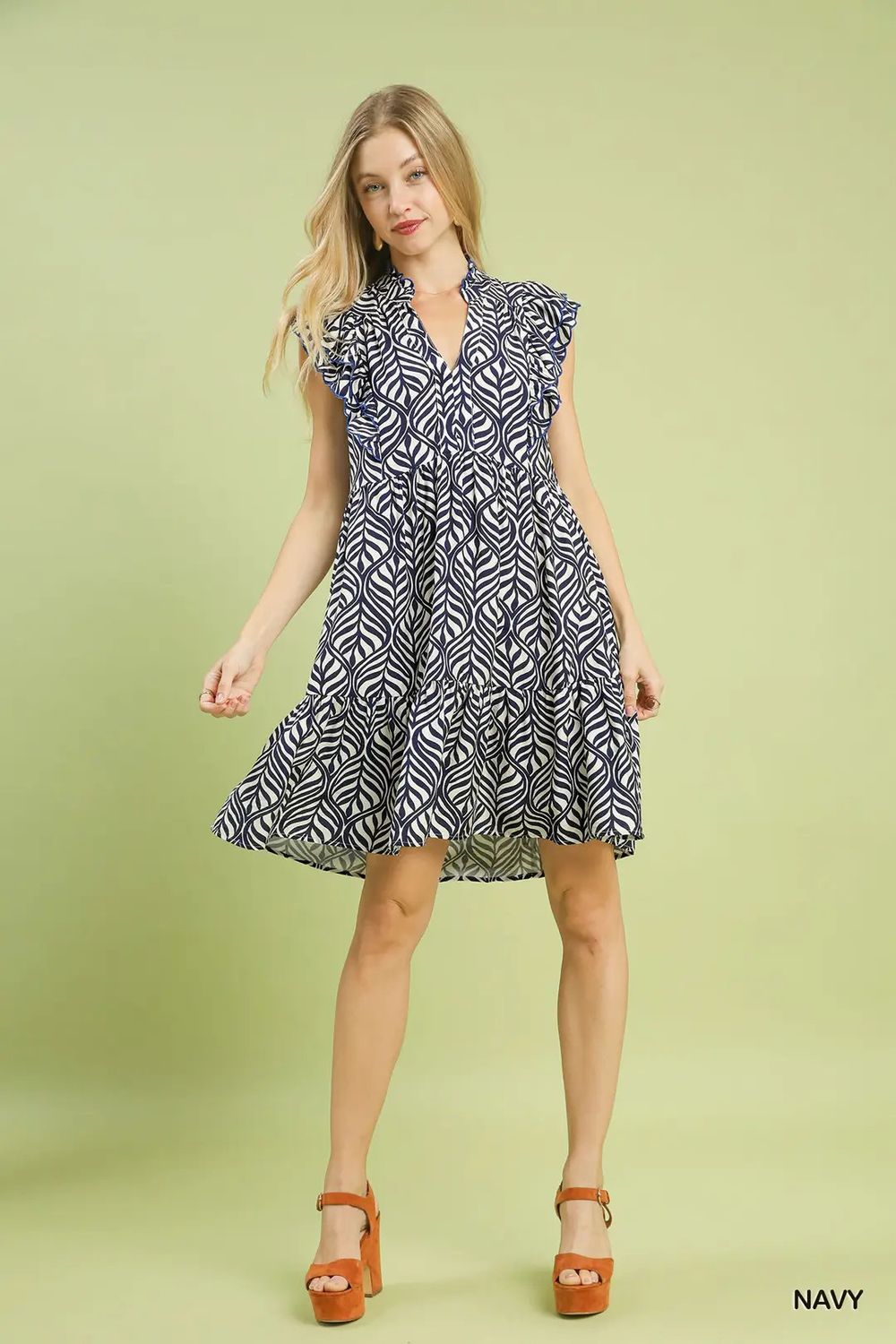 Leaf Print Mini Dress w/Ruffle Sleeves - 2 colors, Color: Navy, Size: Large