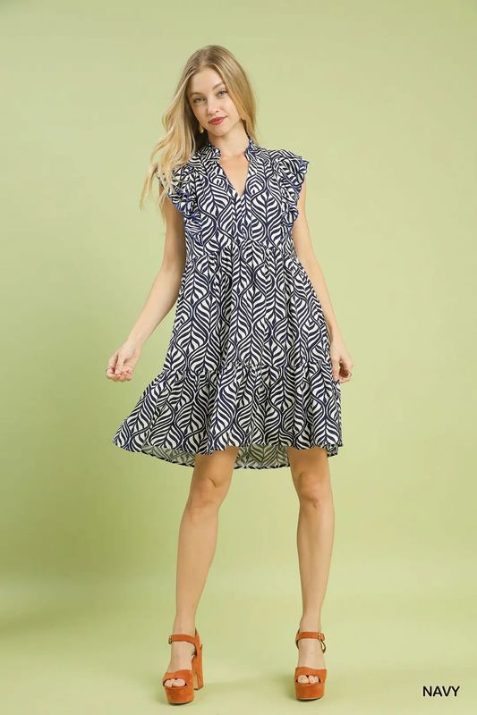 Leaf Print Mini Dress w/Ruffle Sleeves - 2 colors