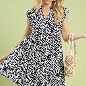 Leaf Print Mini Dress w/Ruffle Sleeves