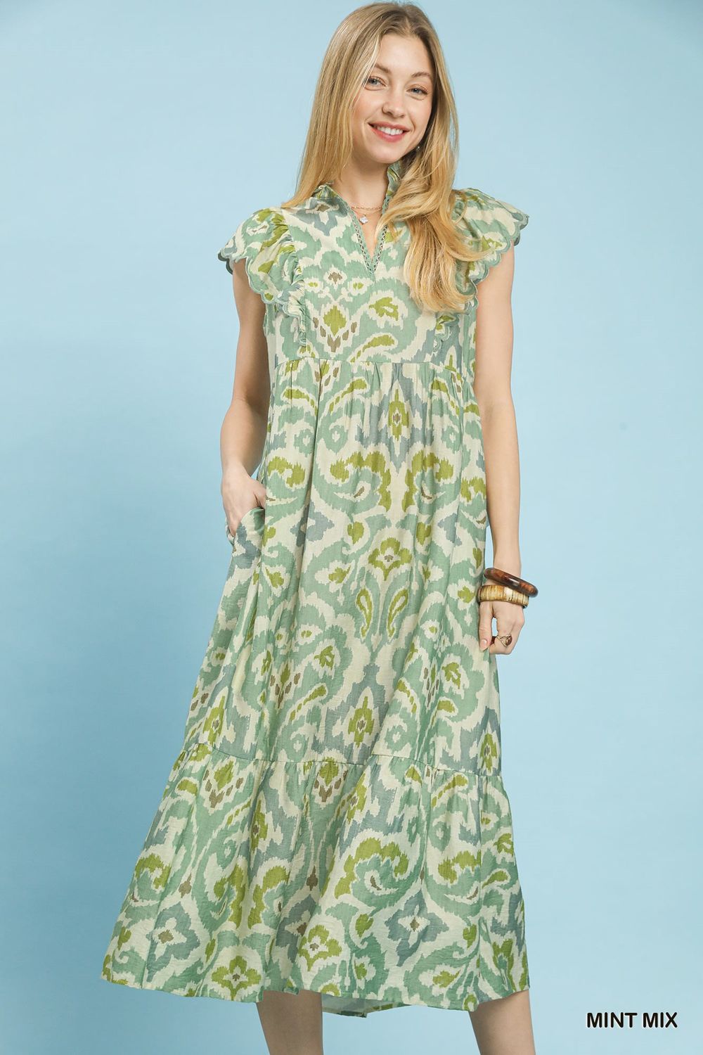 Ruffle Sleeve Ikat Midi Dress Mint Mix