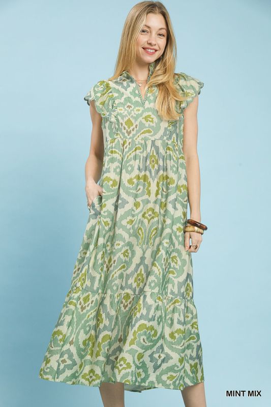Ruffle Sleeve Ikat Midi Dress Mint Mix