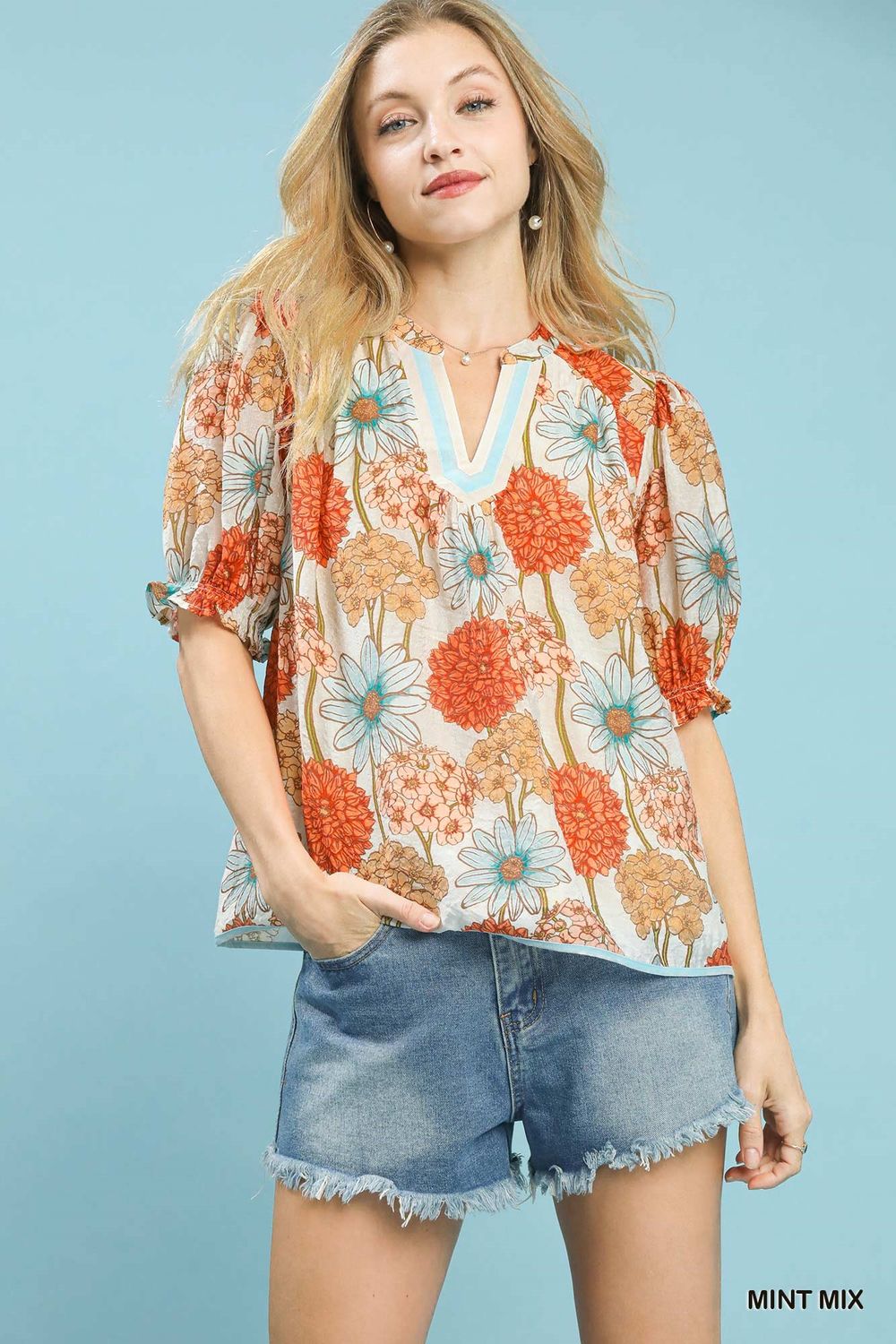 Floral Print Puff Sleeve Top Orange Mix