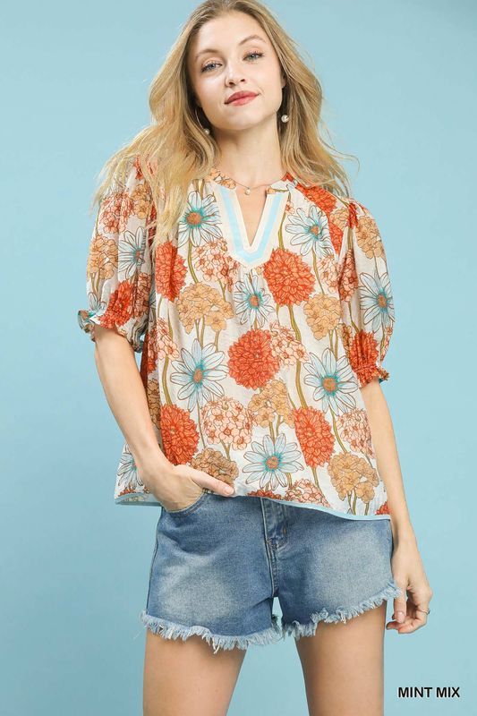 Floral Print Puff Sleeve Top Orange Mix