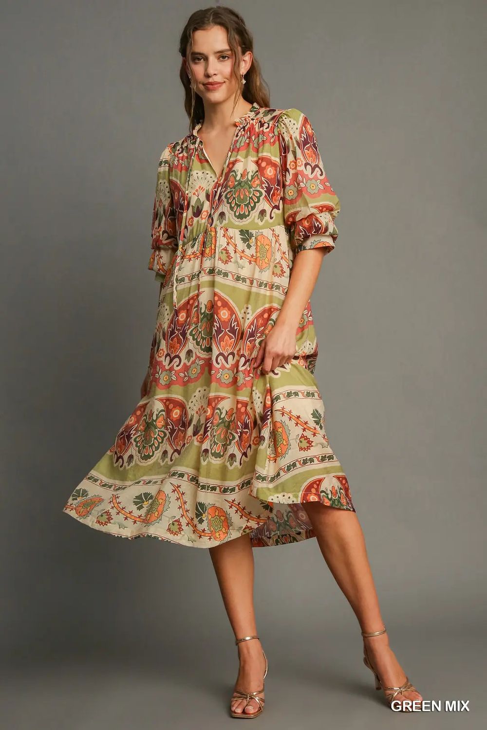 Border Print Midi Dress - Green Mix