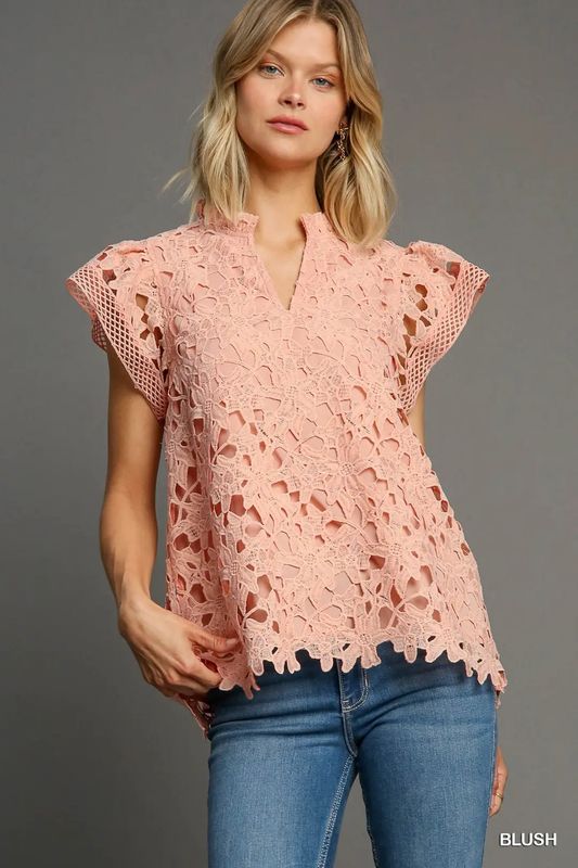 Lace Split Neck Top Blush
