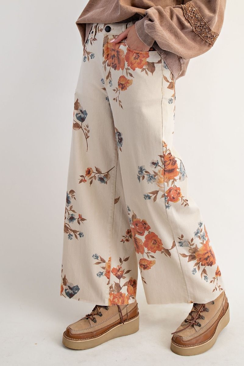 Flower Print Stretch Twill Pants