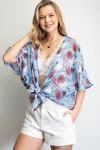 Tie Front Sheer Blue Floral Top