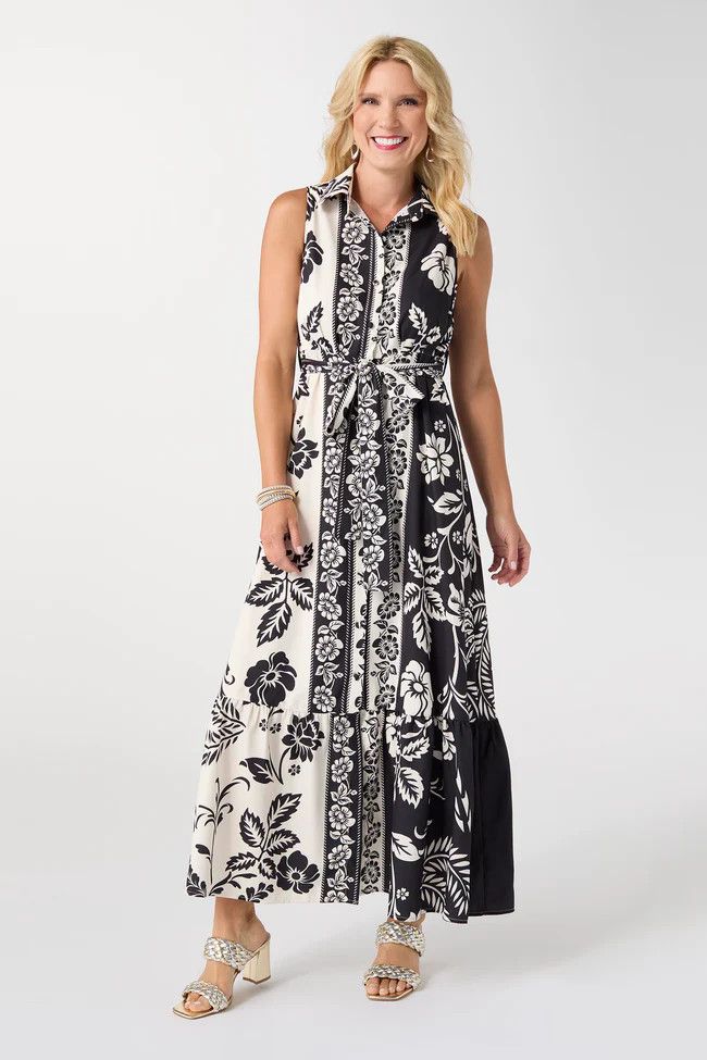 Joelle Printed Collared Maxi Dress With Tie - Black Floral