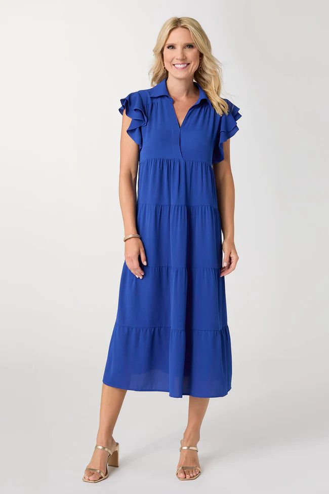 Kendall Flutter Sleeve V-Neck Tired Maxi Dress