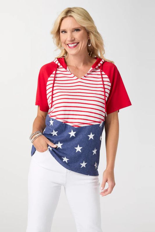 Brianna Hooded Tee With Stars &amp; Stripes - Red/Blue 