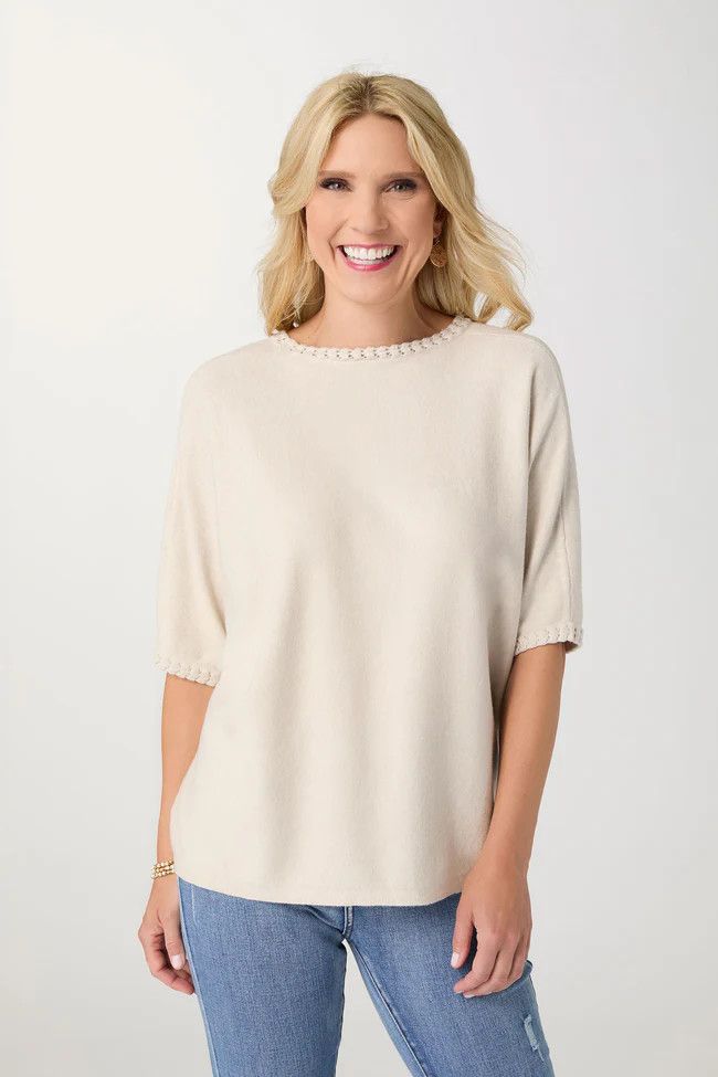Lightweight Heavenly-Luxe Short Sleeve Trim Detail Sweater - 2 colors, Color: Oatmeal, Size: XS