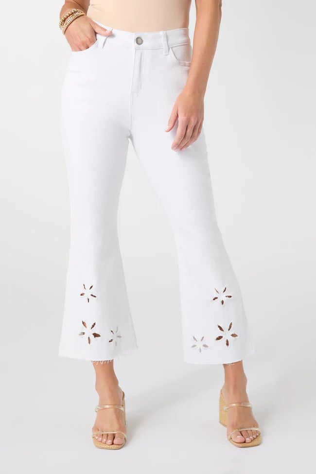 Morgan Flare Crop w/Floral Cutout - Crisp White