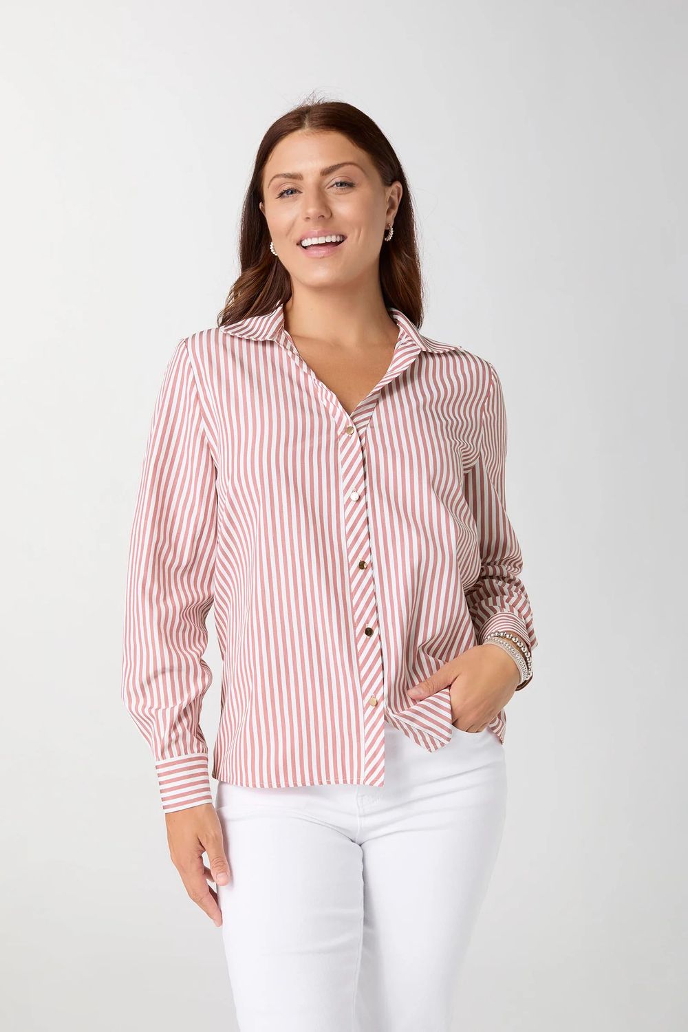 Mabel Long Sleeve Striped Button Front Top