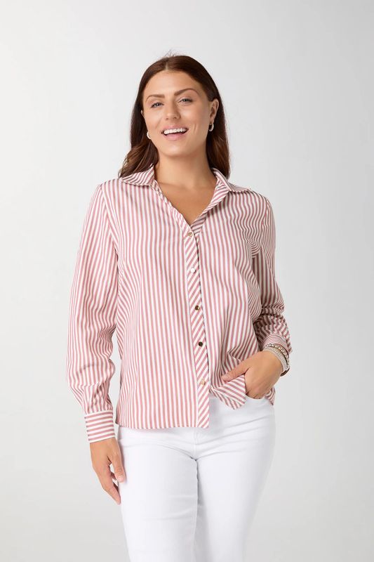 Mabel Long Sleeve Striped Button Front Top