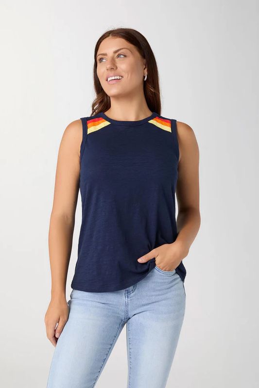 Rylee Stripe Shoulder Tank - Navy