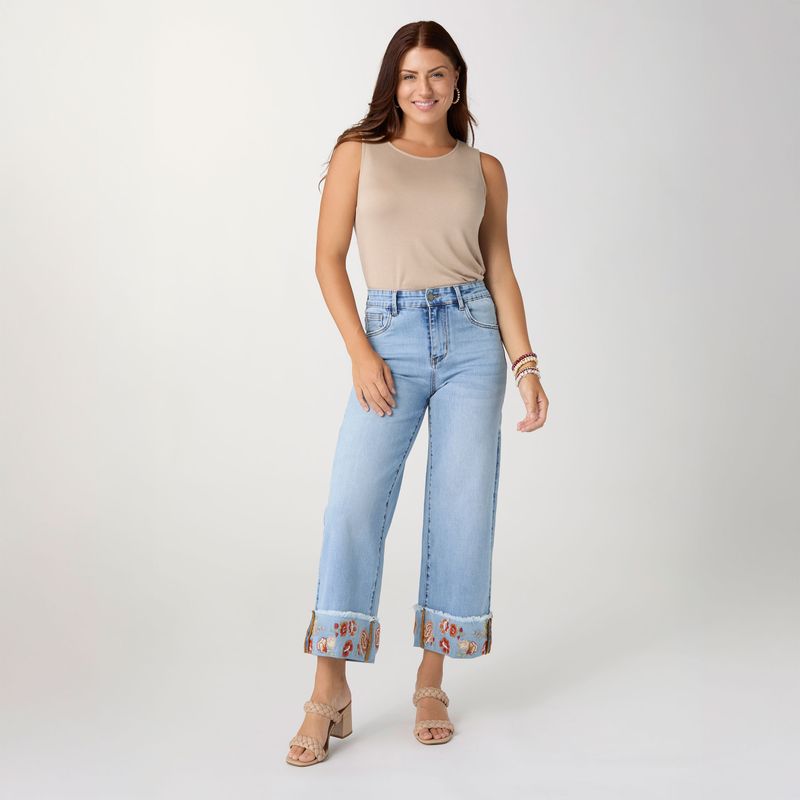 Everstretch Wide Leg Crop Embroidered Cuff Jeans