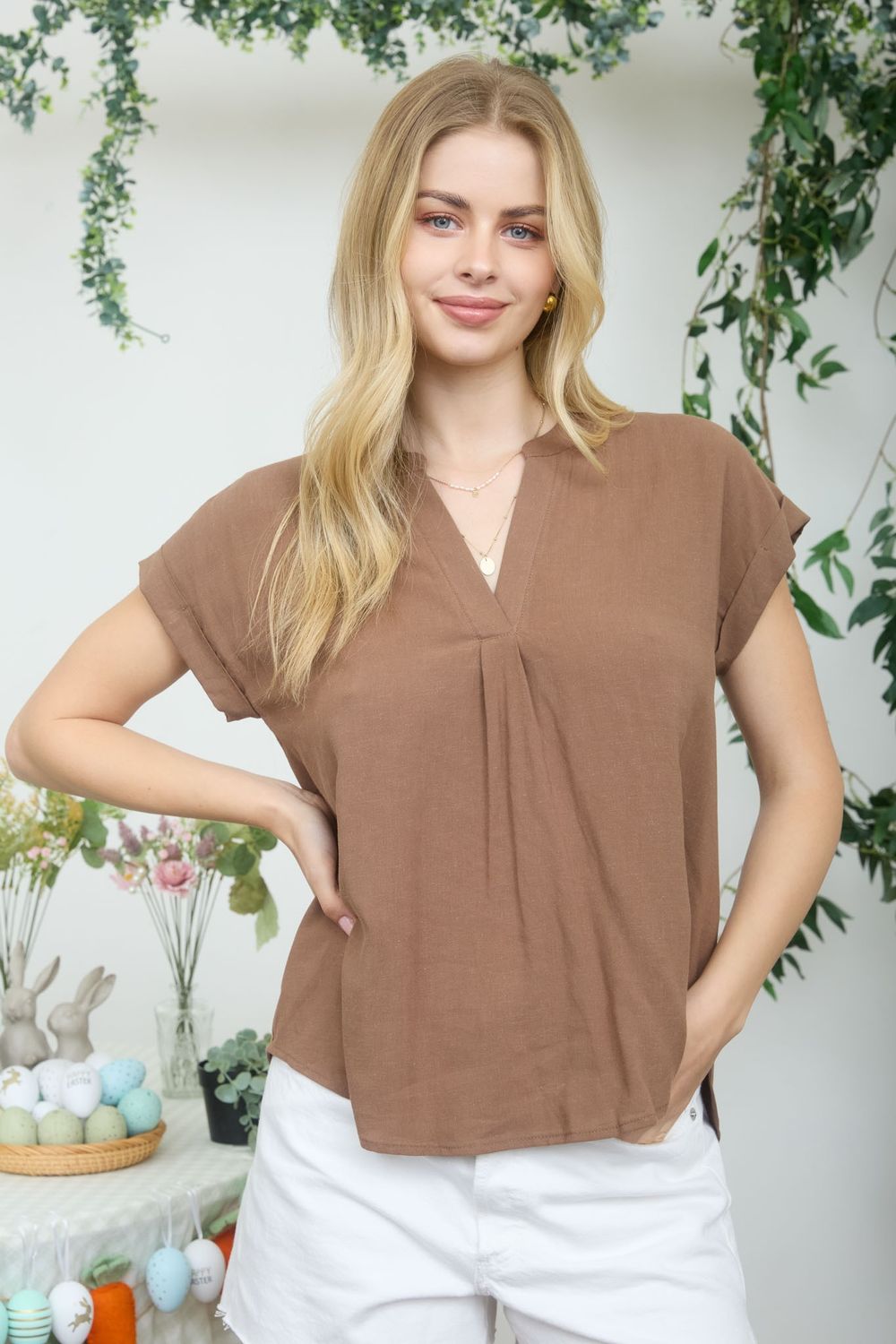Split Neck Back Button Short Sleeve Top - 4 colors, Color: Almond, Size: Small