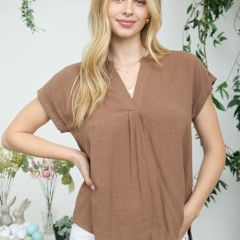 Split Neck Back Button Short Sleeve Top - 4 colors