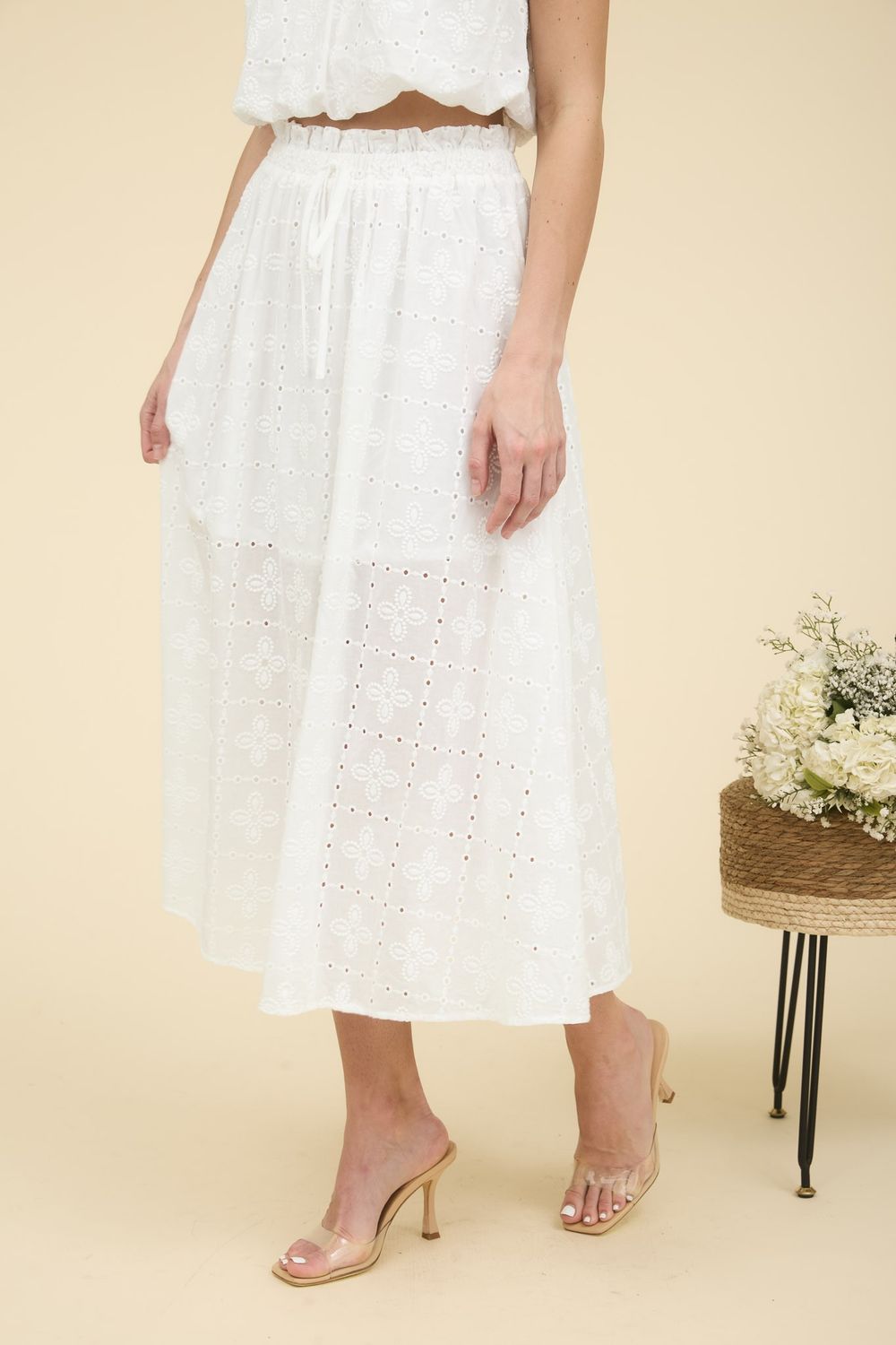 Eyelet Ruffle Detail Midi Skirt