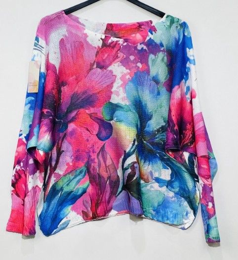 Fuschia Floral Knit Printed Sweater O/S