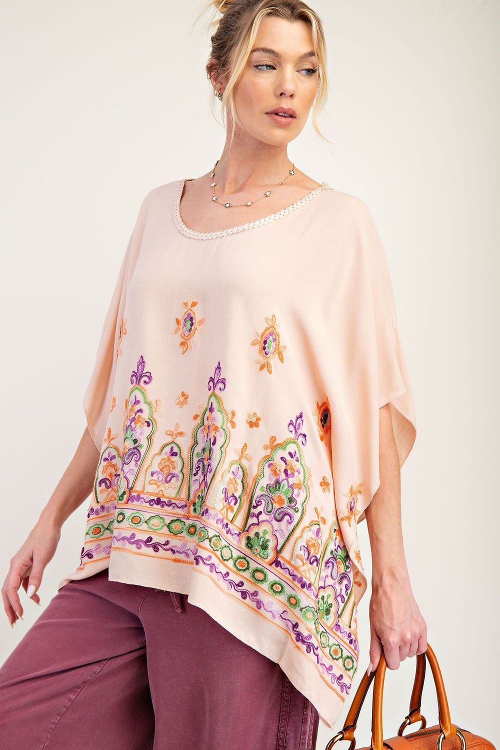 Embroidery Peach Floral Top With Tie Back