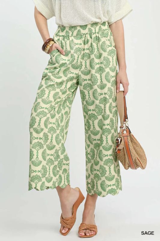 Printed Scalloped Hem Wide Leg