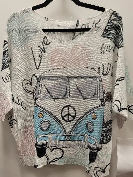 White Love Van Knit Printed Sweater O/S