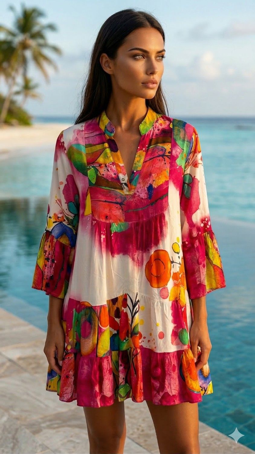 Magenta Pink Abstract Print Tiered Mini Dress