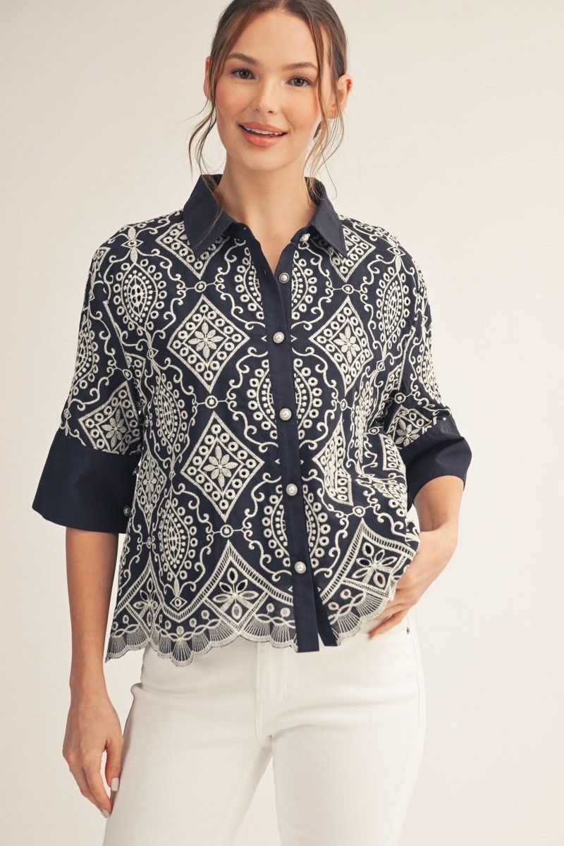 Navy Embroidered Collared Top