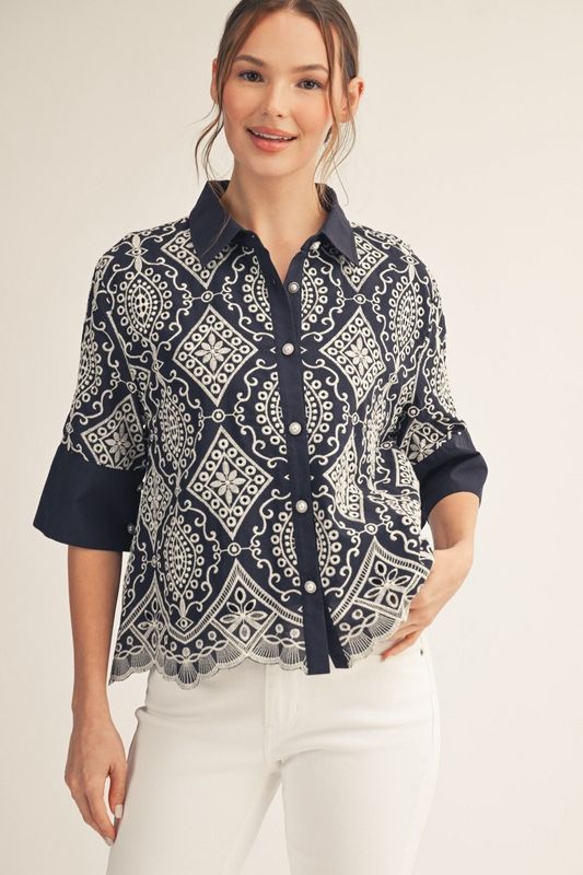 Navy Embroidered Collared Top