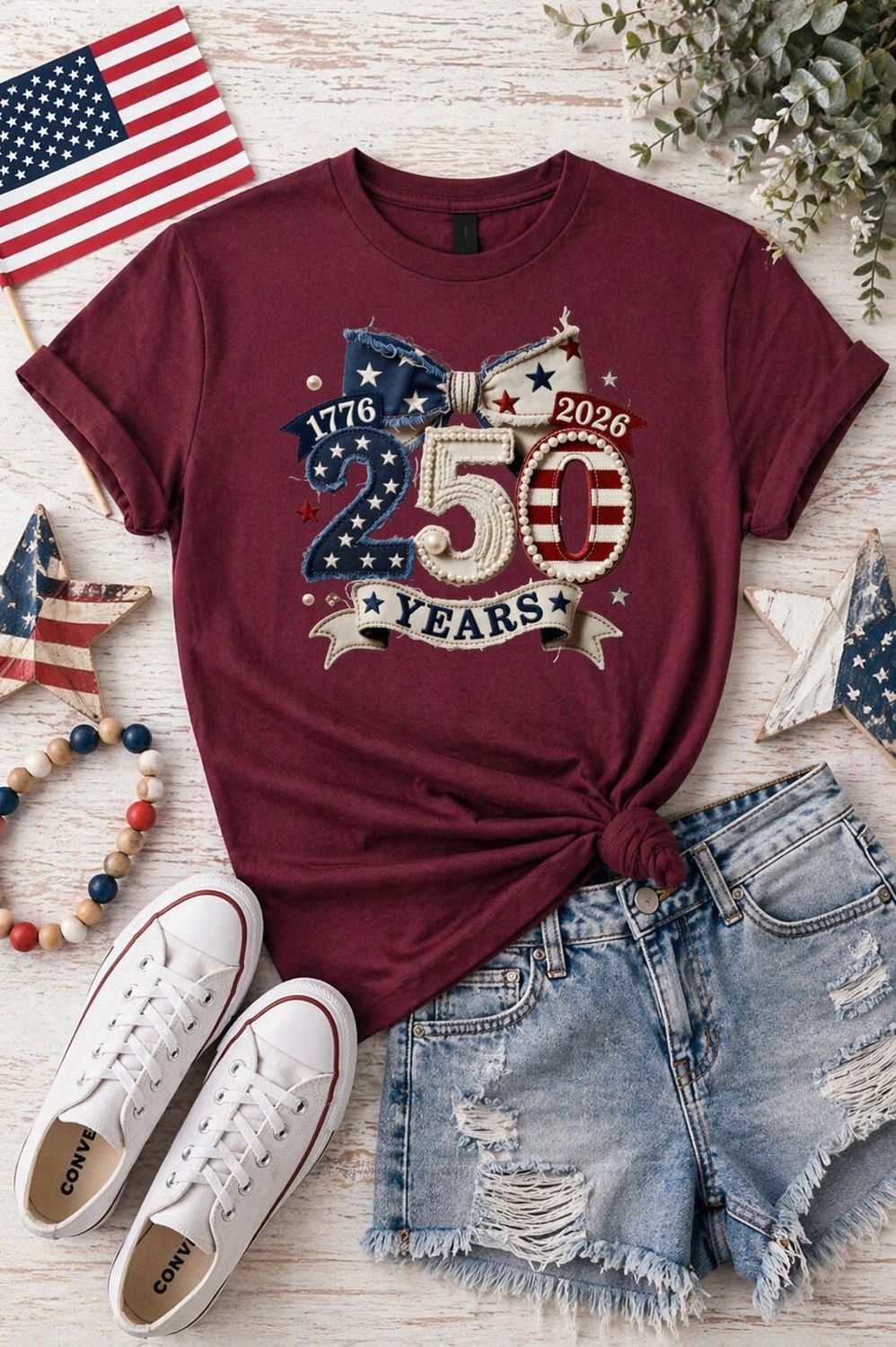 250 USA Flag Gildan Softstyle Tee, Color: Maroon, Size: Small