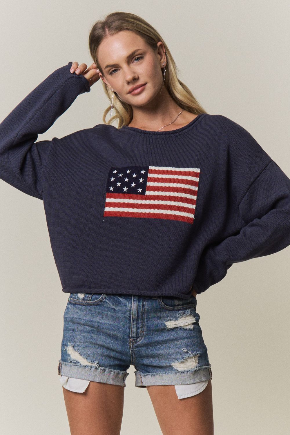 American Flag Relaxed Knit Sweater ~ Navy